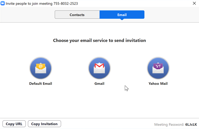 A screenshot of the email invite box in the Zoom app. A screenshot of the email invite box in the Zoom app.