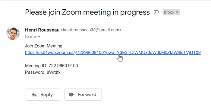 A screenshot of an email containing a link to a Zoom meeting, with a mouse cursor hovering over the link.. A screenshot of an email containing a link to a Zoom meeting, with a mouse cursor hovering over the link..