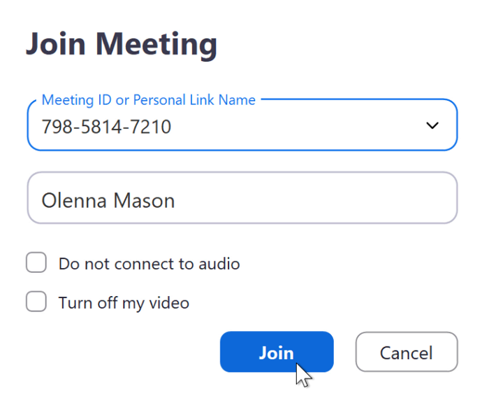 A screenshot of the Join Meeting box in the Zoom app. A screenshot of the Join Meeting box in the Zoom app.
