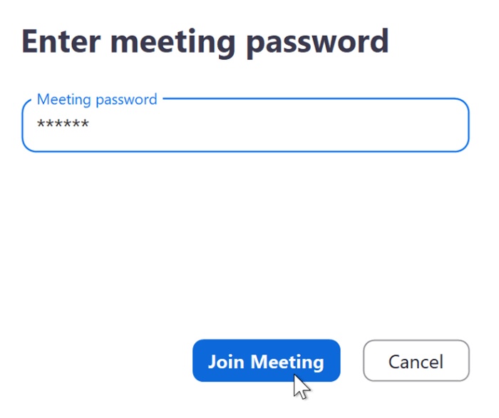 A screenshot of the meeting password box in the Zoom app. A screenshot of the meeting password box in the Zoom app.