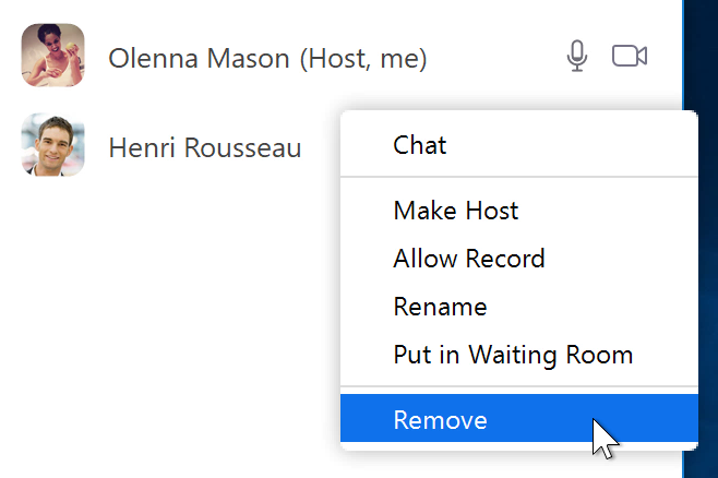 A screenshot of a mouse cursor hovering over the Remove option in the Zoom app. A screenshot of a mouse cursor hovering over the Remove option in the Zoom app.