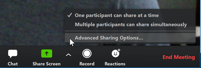 A screenshot of a mouse cursor hovering over Advanced Sharing Options in the Zoom app. A screenshot of a mouse cursor hovering over Advanced Sharing Options in the Zoom app.