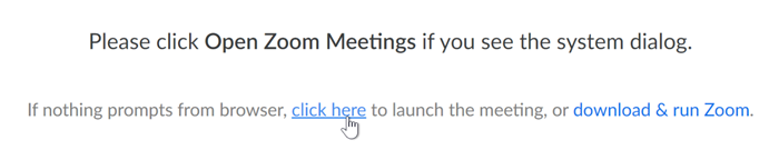A screenshot of the launch screen in the Zoom app, with the cursor hovering over the phrase Click Here. A screenshot of the launch screen in the Zoom app, with the cursor hovering over the phrase Click Here.