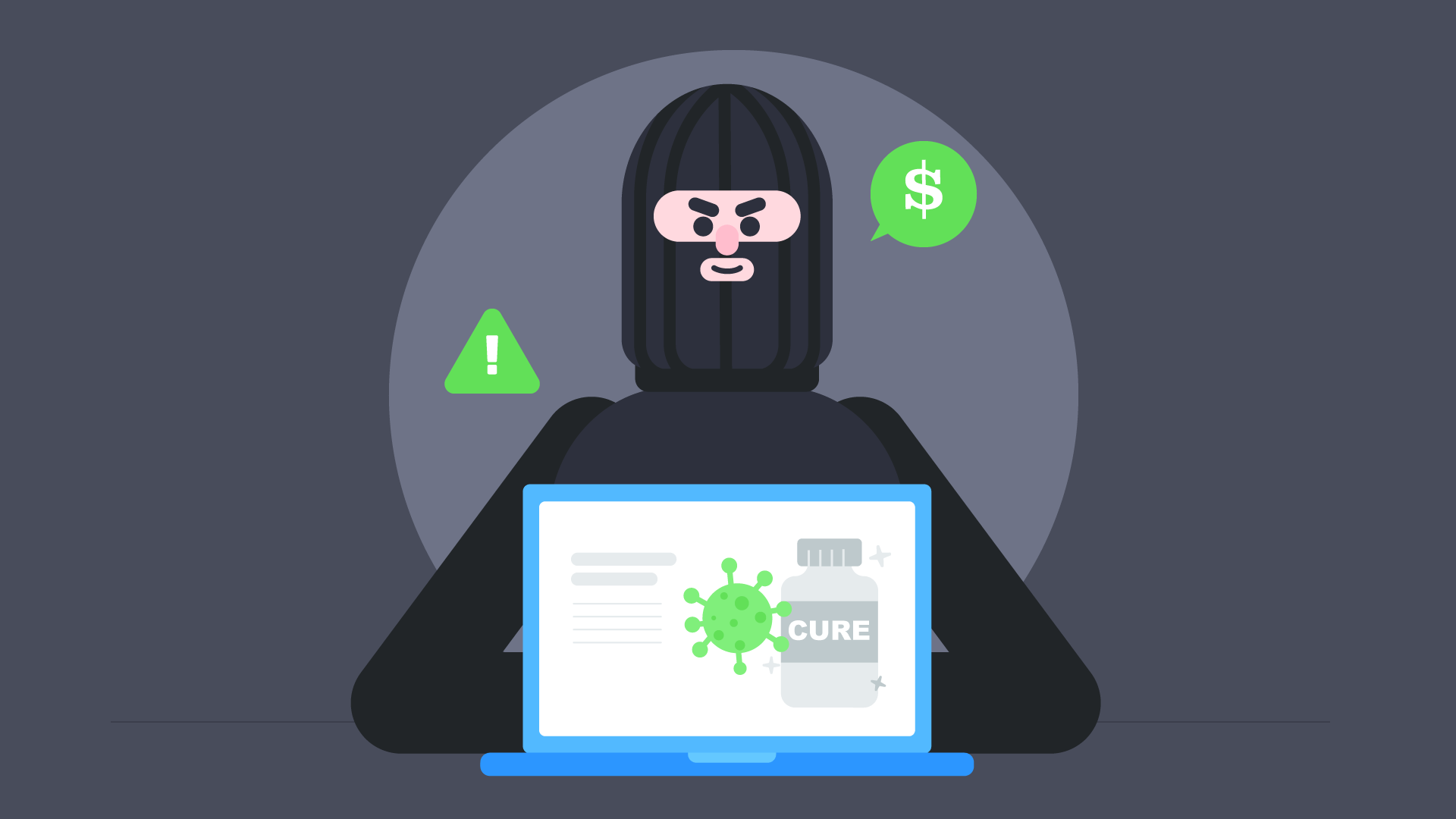 A scammer hides behind an open laptop, claiming to have a cure for COVID-19. A scammer hides behind an open laptop, claiming to have a cure for COVID-19.