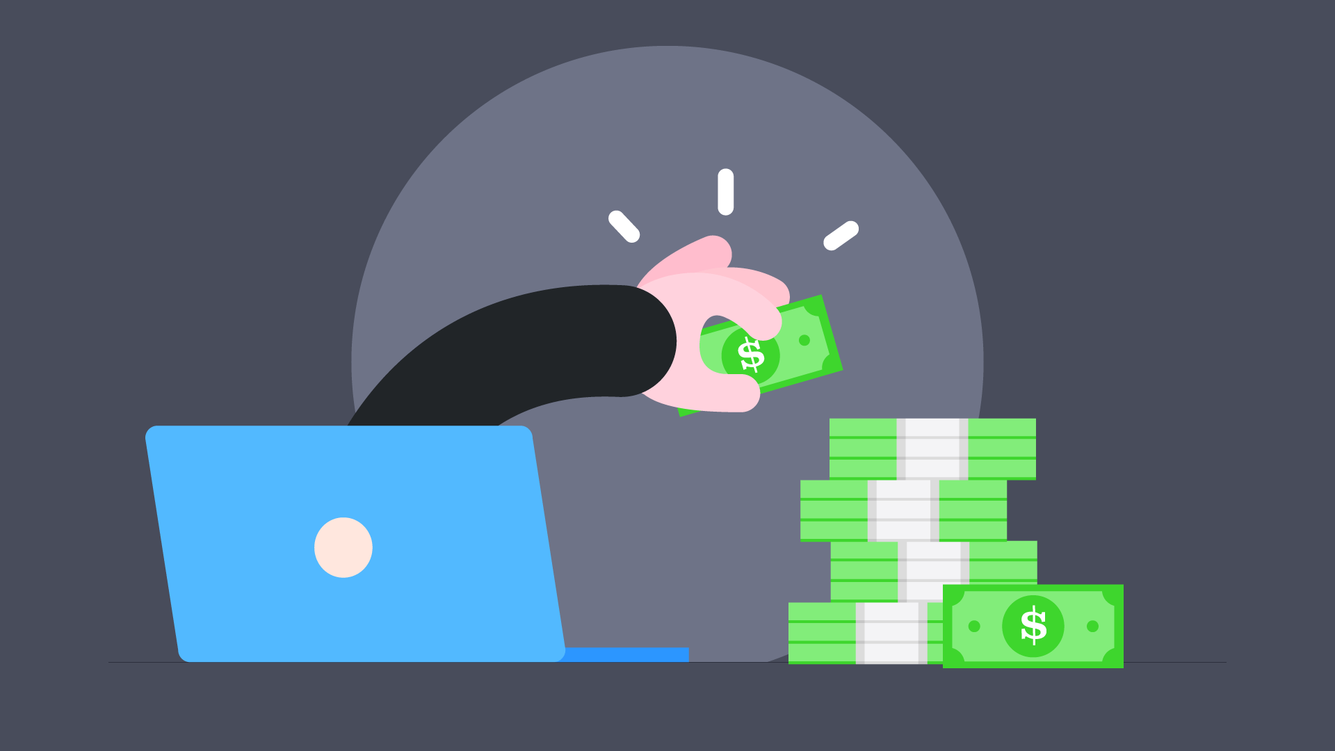 A scammer's hand reaches out of a laptop and steals from a pile of money. A scammer's hand reaches out of a laptop and steals from a pile of money.