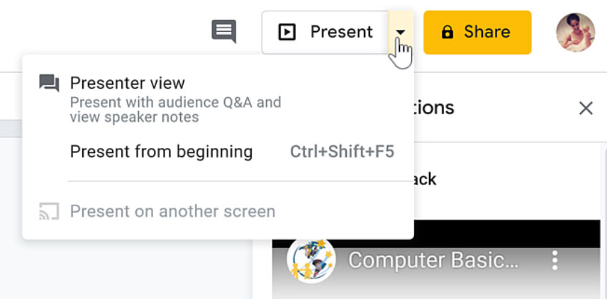 drop-down arrow next to present